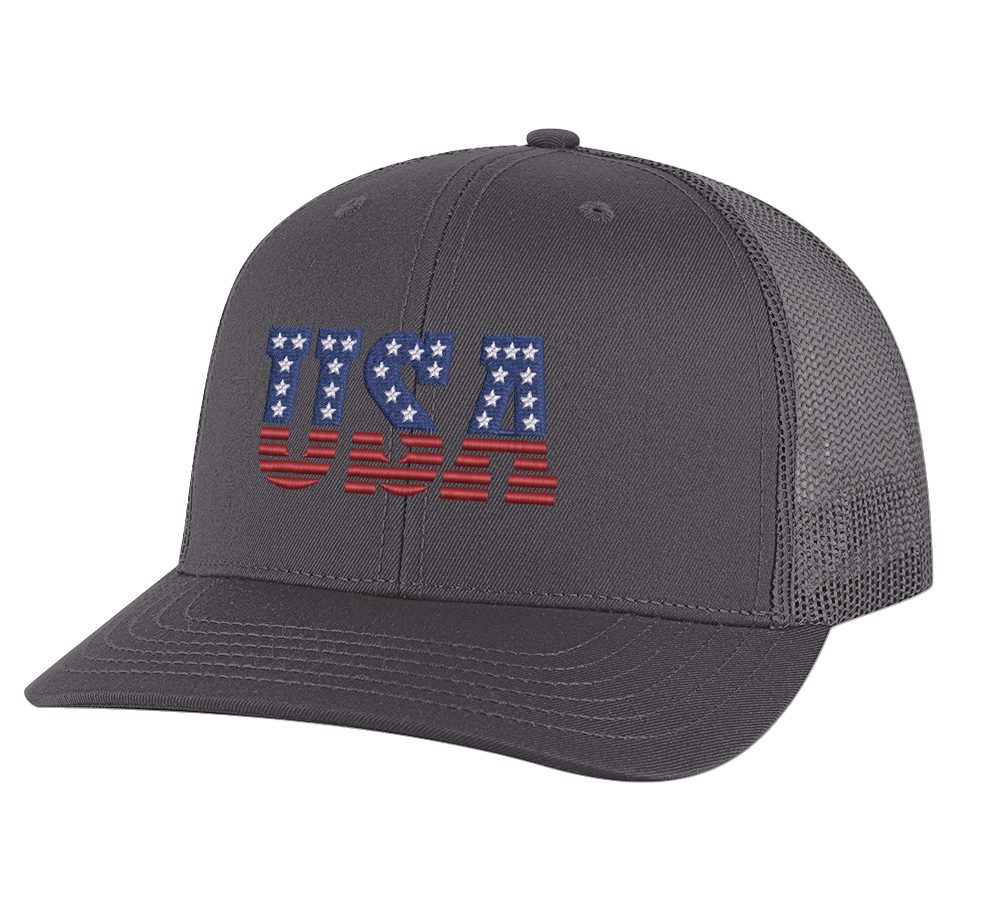 USA trucker hat with embroidered American flag letters, snapback mesh cap for patriotic wear.