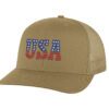 USA trucker hat with embroidered American flag letters, snapback mesh cap for patriotic wear.
