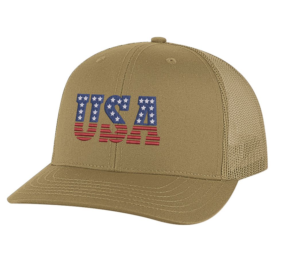 USA trucker hat with embroidered American flag letters, snapback mesh cap for patriotic wear.