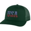 USA trucker hat with embroidered American flag letters, snapback mesh cap for patriotic wear.