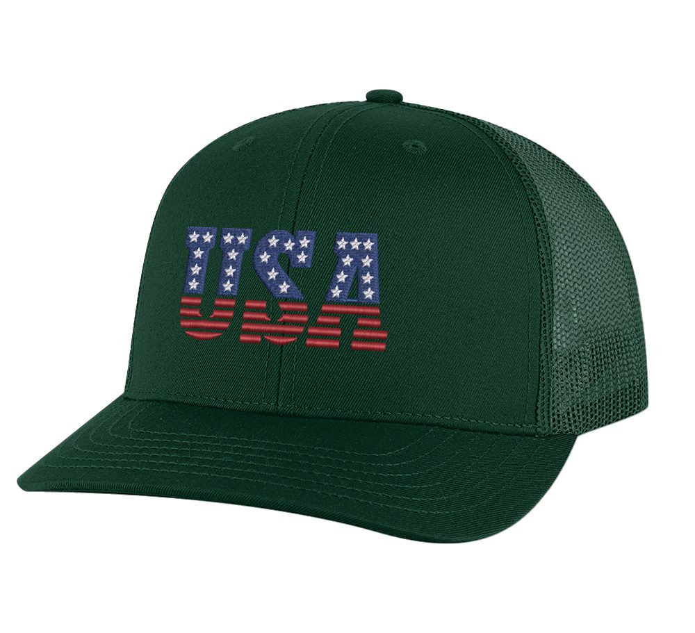 USA trucker hat with embroidered American flag letters, snapback mesh cap for patriotic wear.