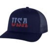 USA trucker hat with embroidered American flag letters, snapback mesh cap for patriotic wear.