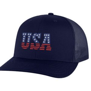 USA trucker hat with embroidered American flag letters, snapback mesh cap for patriotic wear.