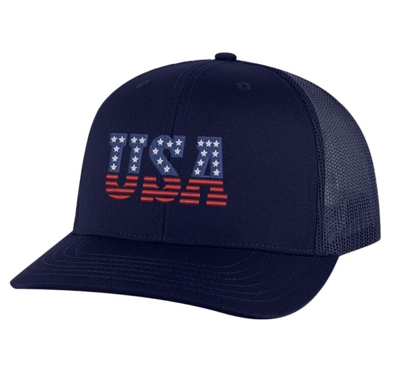 USA trucker hat with embroidered American flag design, mesh back and adjustable snapback closure