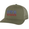 USA trucker hat with embroidered American flag letters, snapback mesh cap for patriotic wear.