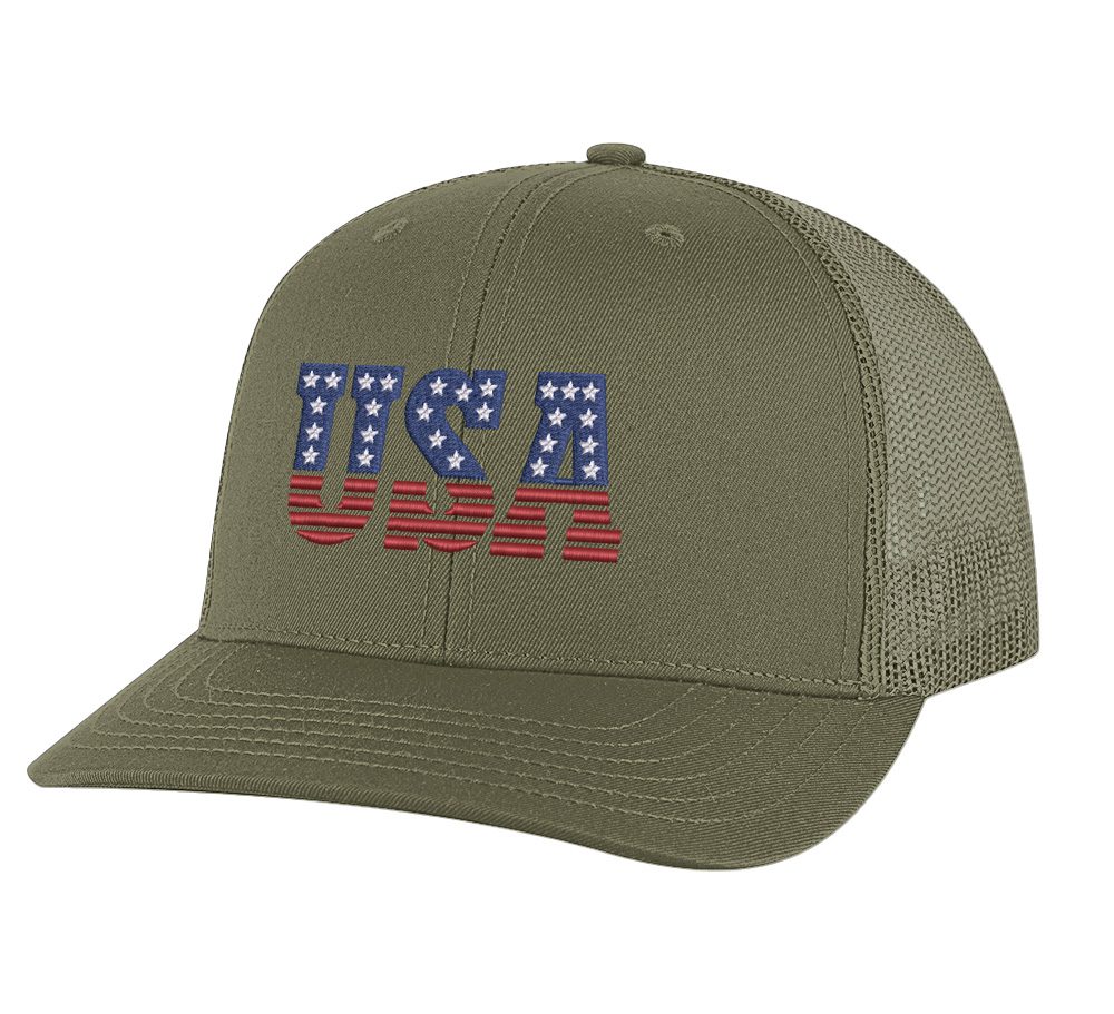 USA trucker hat with embroidered American flag letters, snapback mesh cap for patriotic wear.