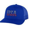 USA trucker hat with embroidered American flag letters, snapback mesh cap for patriotic wear.