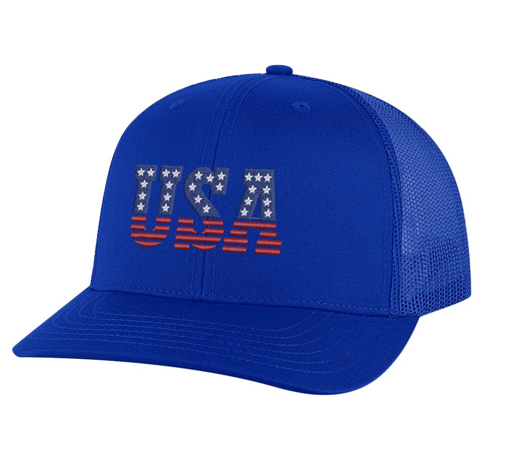 USA trucker hat with embroidered American flag letters, snapback mesh cap for patriotic wear.