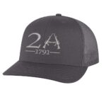 2A trucker hat with embroidered 2A and 1791 design, mesh back and adjustable snapback closure