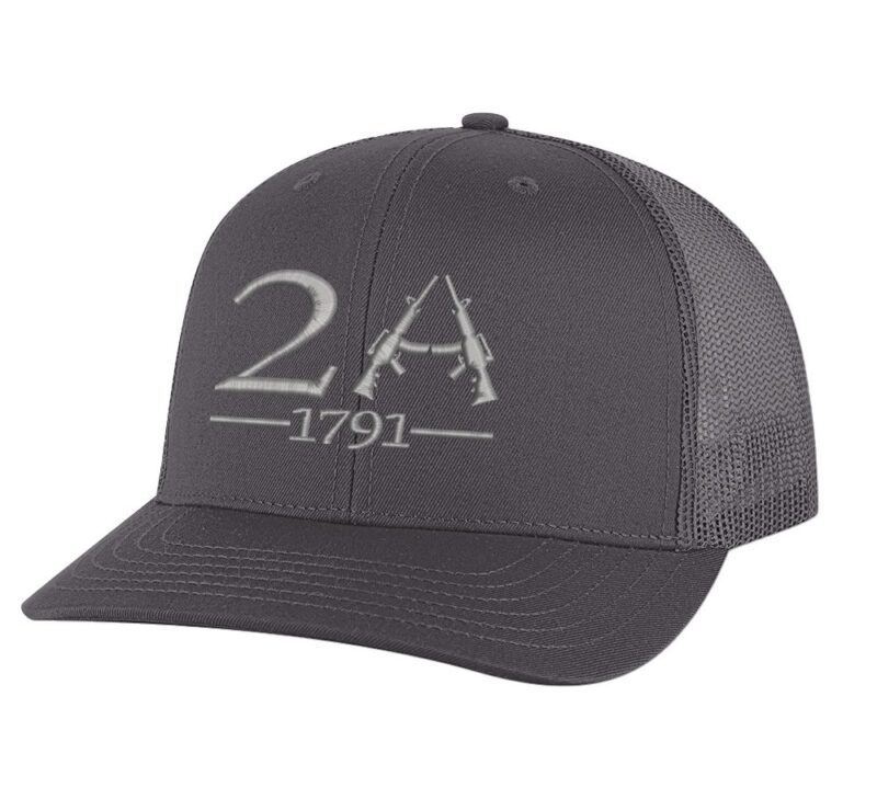 2A trucker hat with embroidered 2A and 1791 design, mesh back and adjustable snapback closure