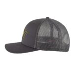 Military trucker hat with embroidered army star, snapback mesh cap for veterans and patriots.