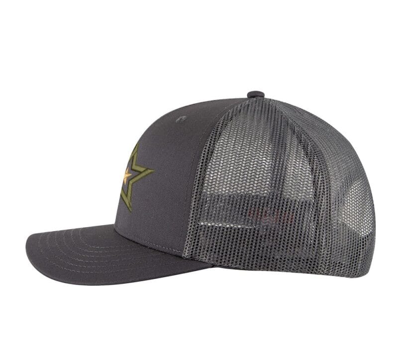Military trucker hat with embroidered army star, snapback mesh cap for veterans and patriots.