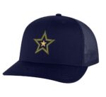 Military trucker hat with embroidered army star, snapback mesh cap for veterans and patriots.