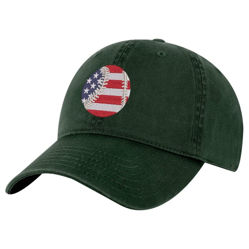 USA baseball dad hat with embroidered American flag baseball, 100% cotton strapback cap for baseball fans and patriots.