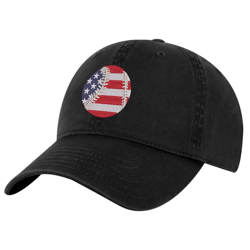 USA baseball dad hat with embroidered American flag baseball, 100% cotton strapback cap for baseball fans and patriots.