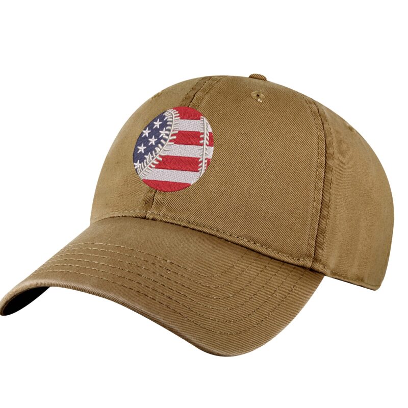USA baseball dad hat with embroidered American flag baseball, 100% cotton strapback cap for baseball fans and patriots.