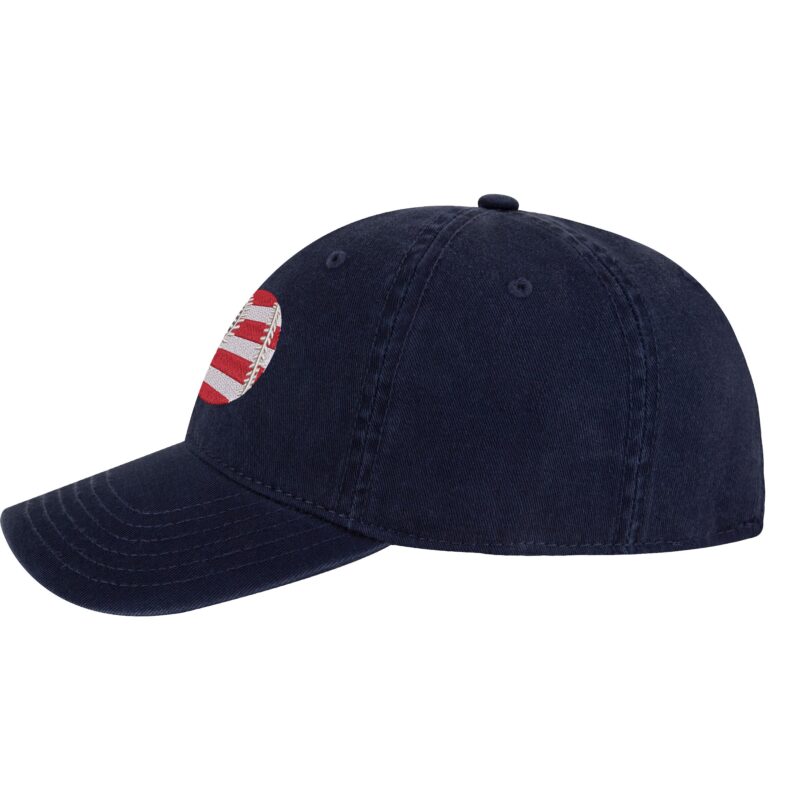 USA baseball dad hat with embroidered American flag baseball, 100% cotton strapback cap for baseball fans and patriots.