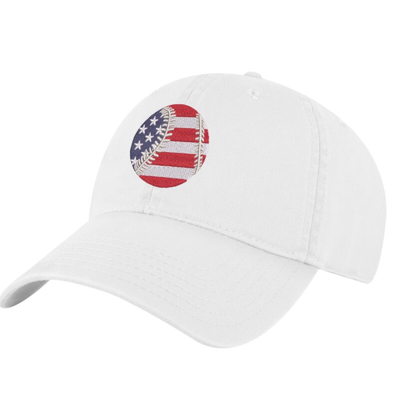 USA baseball dad hat with embroidered American flag baseball, 100% cotton strapback cap for baseball fans and patriots.