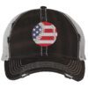 Distressed baseball trucker hat with embroidered American flag baseball, vintage strapback cap for baseball fans and patriots.