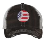 Distressed baseball trucker hat with embroidered American flag baseball, vintage strapback cap for baseball fans and patriots.