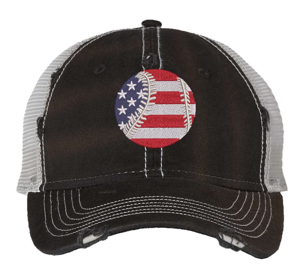 Distressed baseball trucker hat with embroidered American flag baseball, vintage strapback cap for baseball fans and patriots.