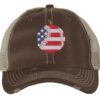 Distressed baseball trucker hat with embroidered American flag baseball, vintage strapback cap for baseball fans and patriots.
