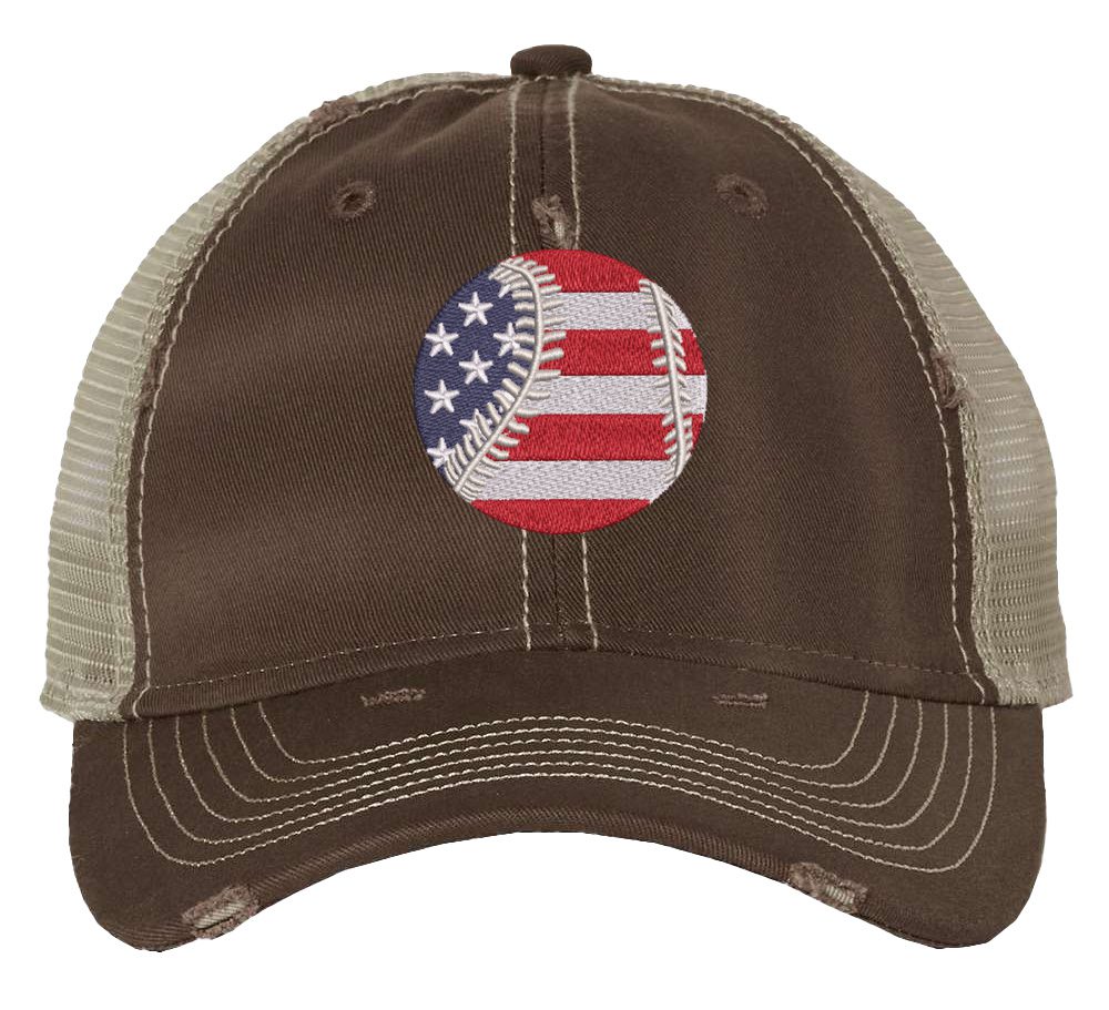 Distressed baseball trucker hat with embroidered American flag baseball, vintage strapback cap for baseball fans and patriots.
