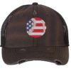 Distressed baseball trucker hat with embroidered American flag baseball, vintage strapback cap for baseball fans and patriots.