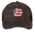 Patriotic ball cap with distressed finish, embroidered baseball in American flag colors, mesh back and adjustable strapback closure