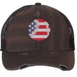 Distressed baseball trucker hat with embroidered American flag baseball, vintage strapback cap for baseball fans and patriots.