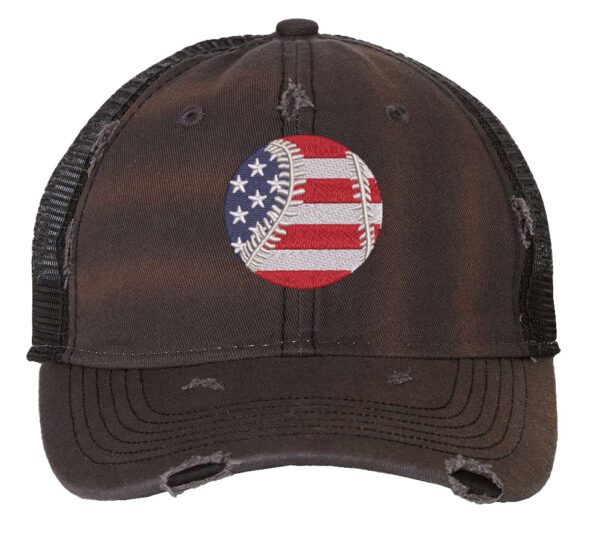 Distressed baseball trucker hat with embroidered American flag baseball, vintage strapback cap for baseball fans and patriots.