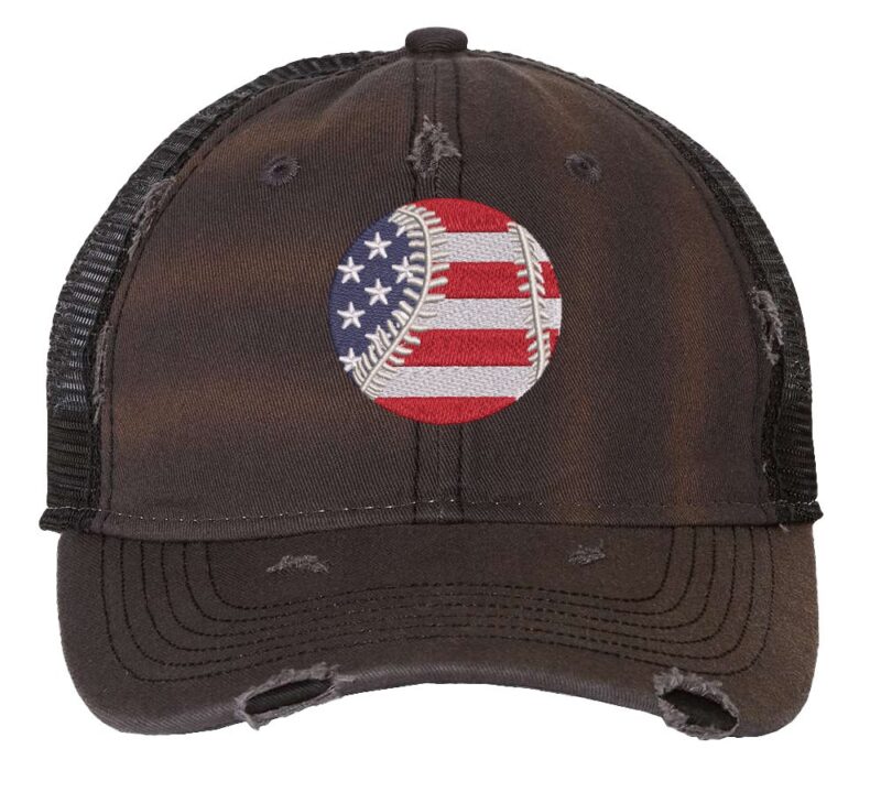Patriotic ball cap with distressed finish, embroidered baseball in American flag colors, mesh back and adjustable strapback closure