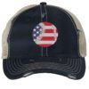 Distressed baseball trucker hat with embroidered American flag baseball, vintage strapback cap for baseball fans and patriots.