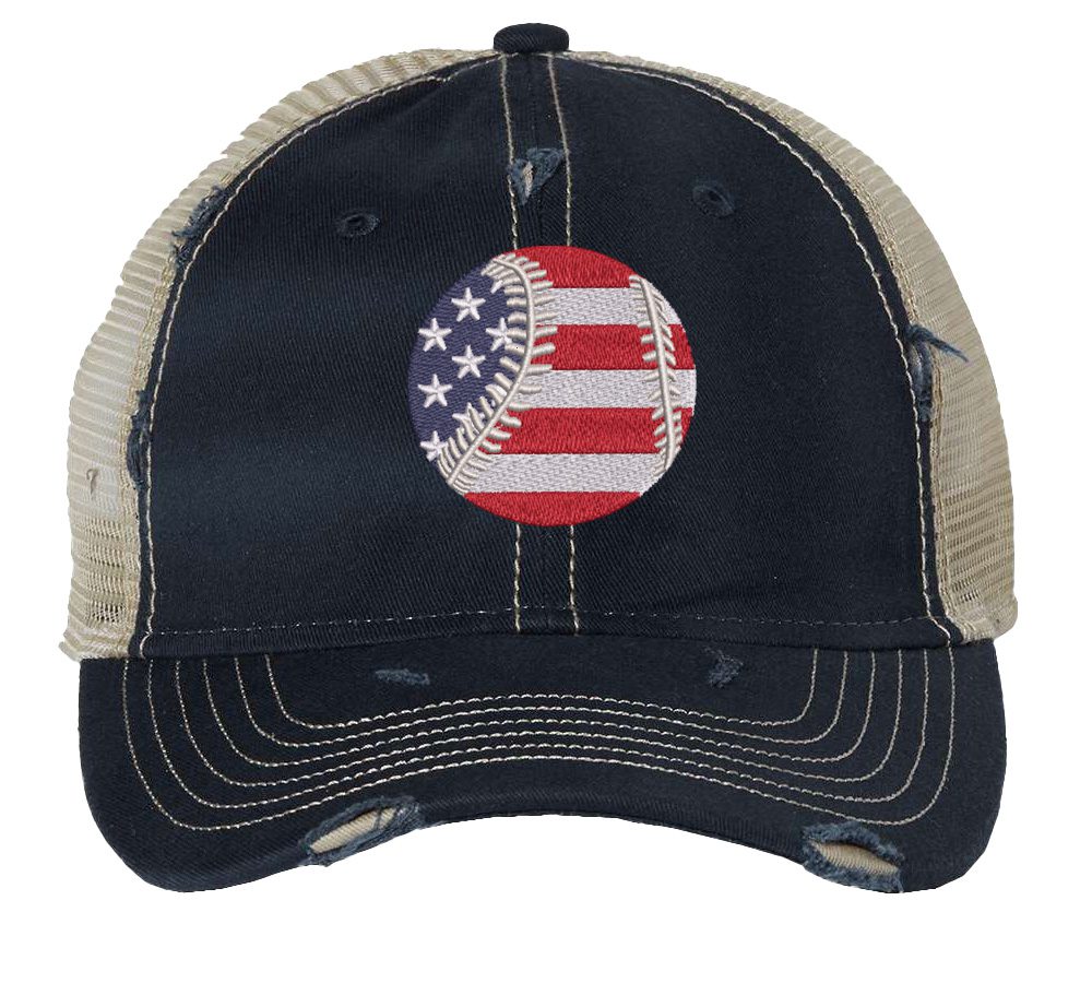 Distressed baseball trucker hat with embroidered American flag baseball, vintage strapback cap for baseball fans and patriots.