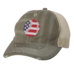 Distressed baseball trucker hat with embroidered American flag baseball, vintage strapback cap for baseball fans and patriots.