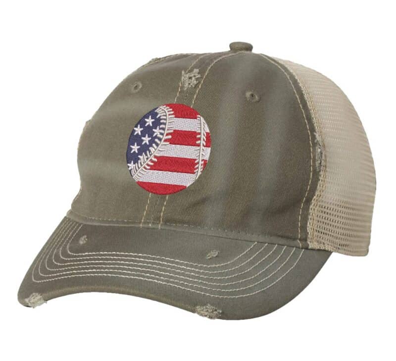 Distressed baseball trucker hat with embroidered American flag baseball, vintage strapback cap for baseball fans and patriots.