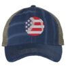 Distressed baseball trucker hat with embroidered American flag baseball, vintage strapback cap for baseball fans and patriots.