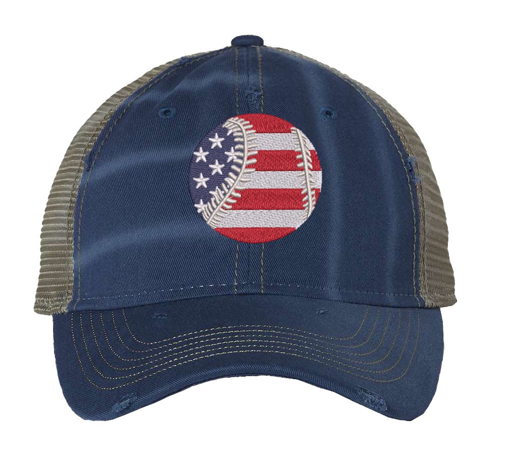 Distressed baseball trucker hat with embroidered American flag baseball, vintage strapback cap for baseball fans and patriots.