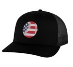 Baseball trucker hat with embroidered American flag baseball, snapback mesh cap for sports fans and patriots.