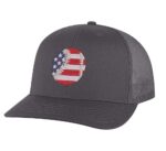 Baseball trucker hat with embroidered American flag baseball, snapback mesh cap for sports fans and patriots.