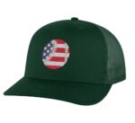 Baseball trucker hat with embroidered American flag baseball, snapback mesh cap for sports fans and patriots.