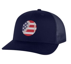 Baseball trucker hat with embroidered baseball in American flag colors, mesh back and adjustable snapback closure