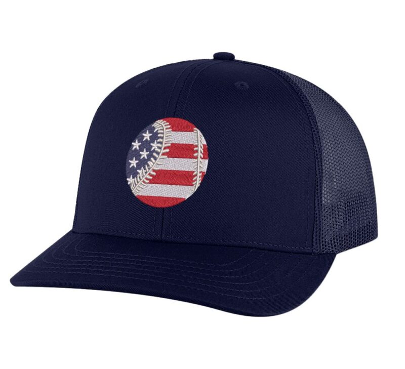 Baseball trucker hat with embroidered baseball in American flag colors, mesh back and adjustable snapback closure