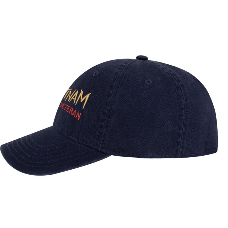 Vietnam Veteran dad hat with embroidered military design, 100% cotton strapback cap for veterans and patriots.