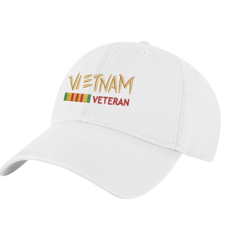 Vietnam Veteran dad hat with embroidered military design, 100% cotton strapback cap for veterans and patriots.