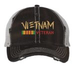 Distressed Vietnam Veteran trucker hat with embroidered military design, strapback mesh cap for veterans and military supporters.