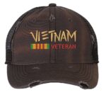 Distressed Vietnam Veteran trucker hat with embroidered military design, strapback mesh cap for veterans and military supporters.