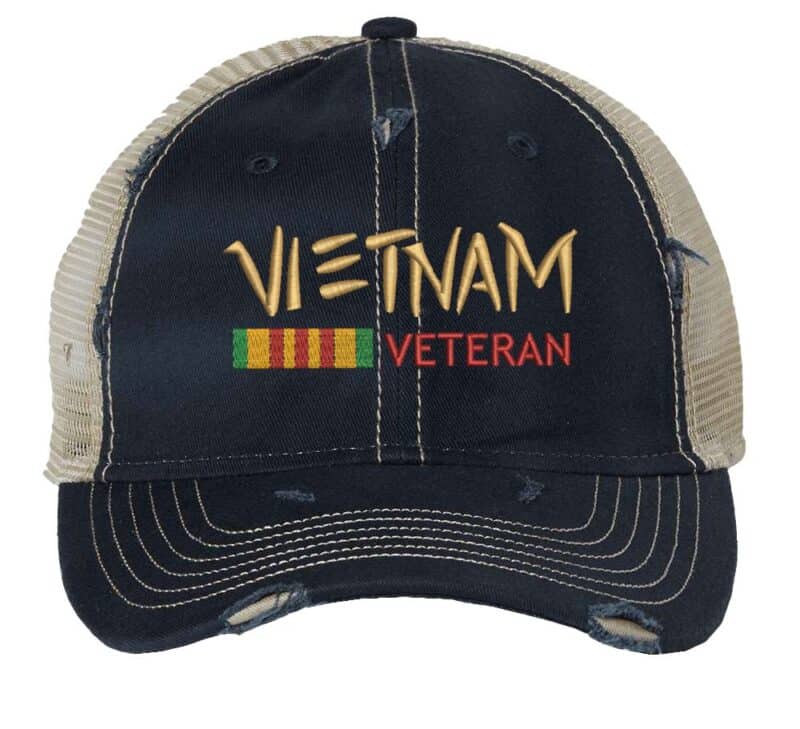 Distressed Vietnam Veteran trucker hat with embroidered military design, strapback mesh cap for veterans and military supporters.