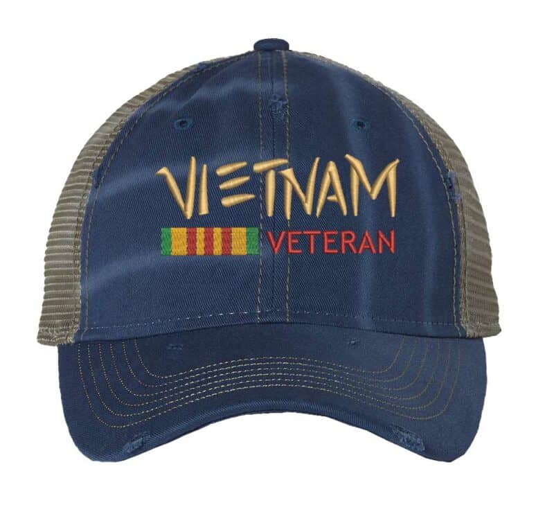 Distressed Vietnam Veteran trucker hat with embroidered military design, strapback mesh cap for veterans and military supporters.