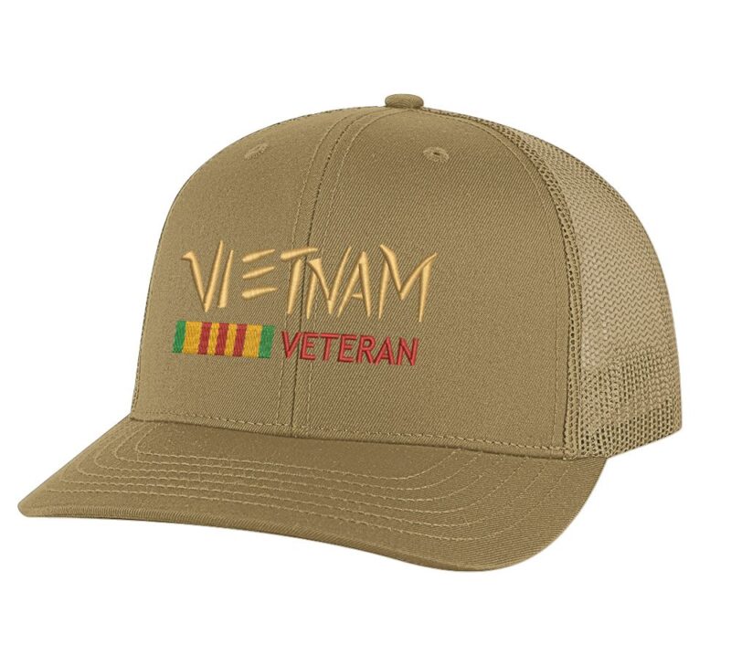 Vietnam Veteran trucker hat with embroidered design and snapback closure, mesh back cap for veterans and military supporters.